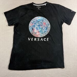 VERSACE T-Shirt Size S Black Medusa Head Galaxy Pattern Graphic Crew Neck Tee